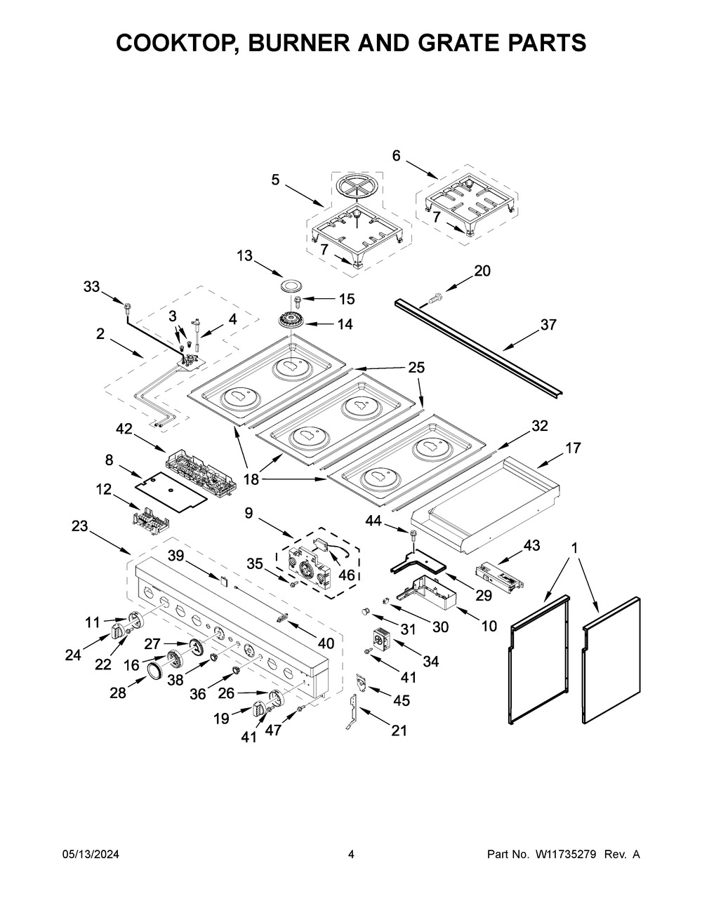 Cooktop, Burner And Grate Parts Diagram and Parts List for KFDC558JSC03  KitchenAid Range