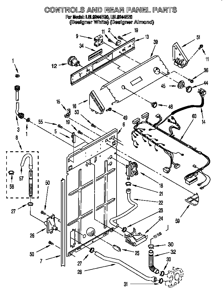Controls And Rear Panel Diagram and Parts List for LSL8244EZ0  Whirlpool Washer