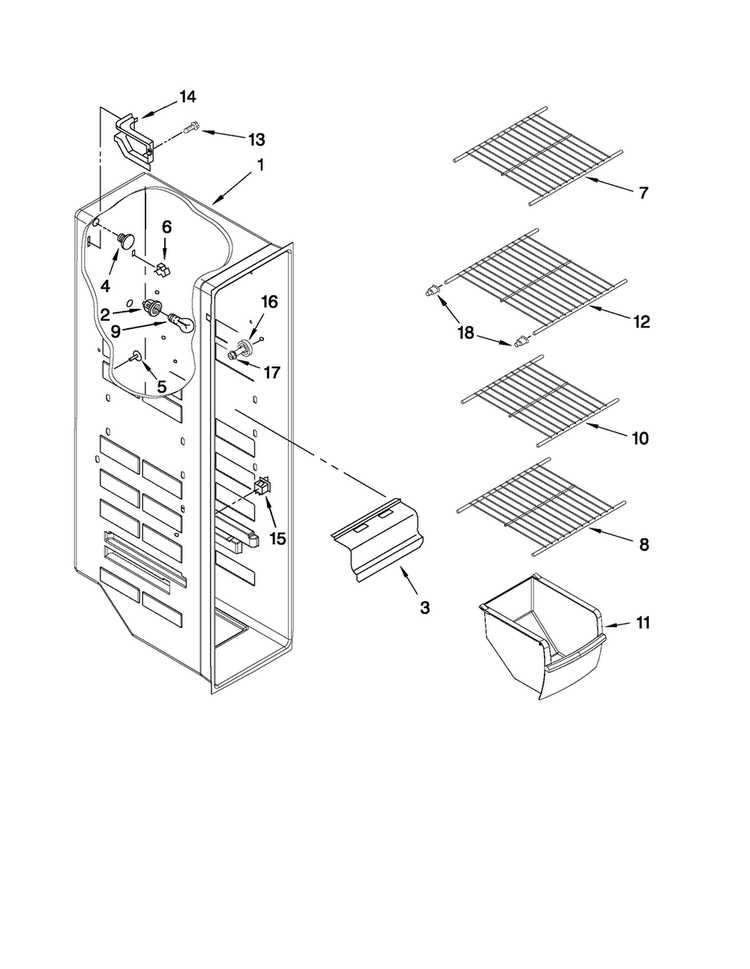 Freezer Liner Parts Diagram and Parts List for 10641563805  Kenmore Refrigerator