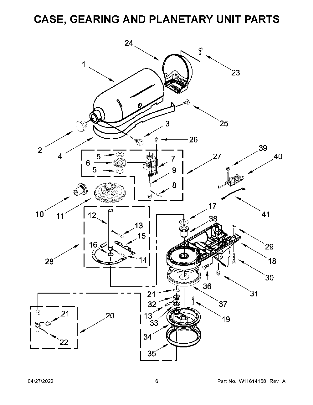 Case, Gearing And Planetary Unit Parts Diagram and Parts List for 5KSM180LEZLB0  KitchenAid Mixer