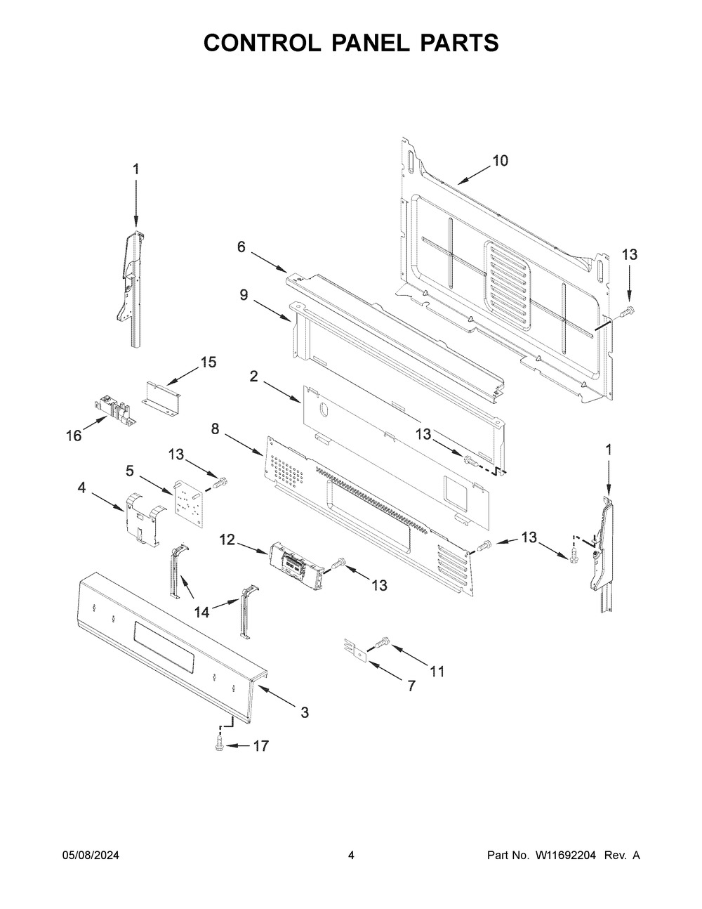 Control Panel Parts Diagram and Parts List for WFG525S0JB6  Whirlpool Range