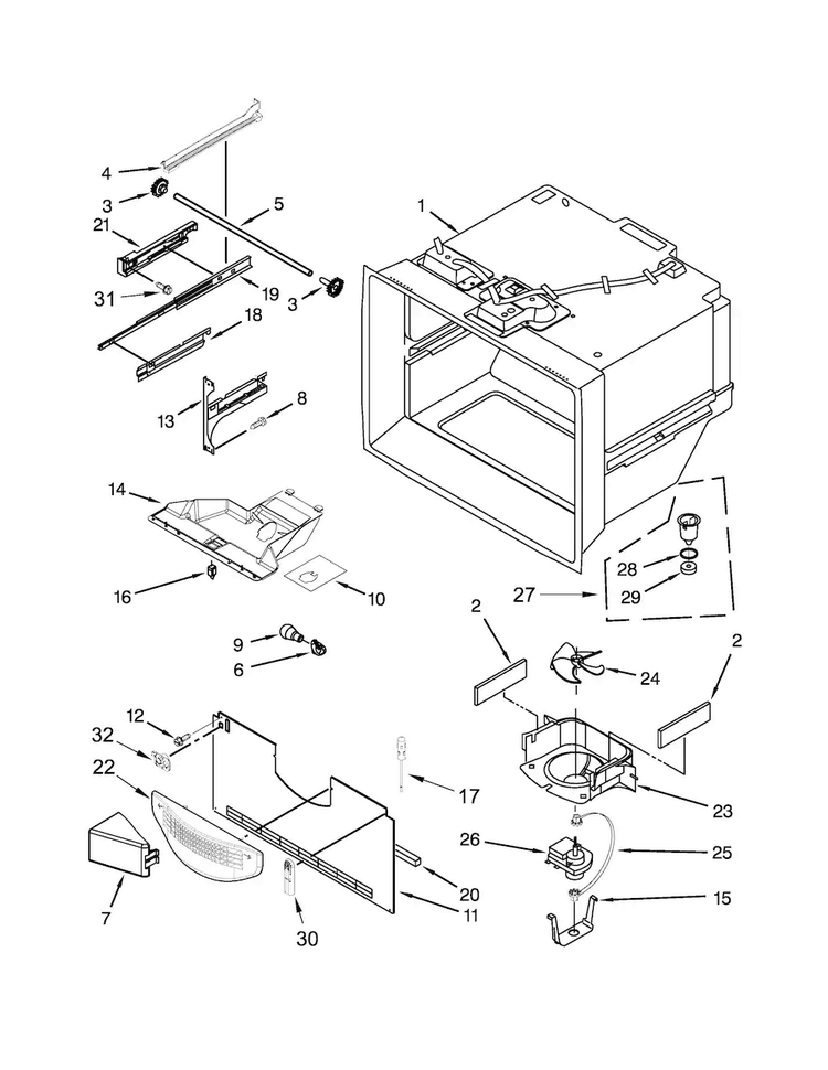 Freezer Liner Parts Diagram and Parts List for KBFS20ECBL00  KitchenAid Refrigerator
