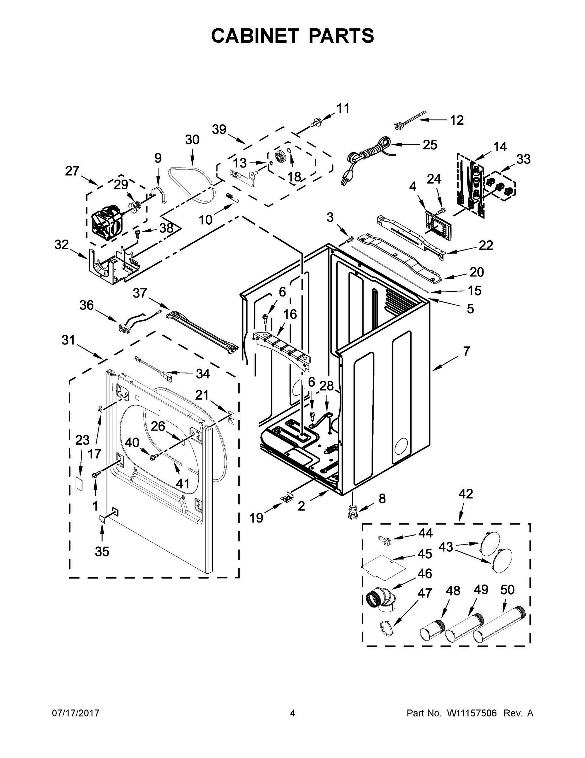03 - CABINET PARTS Diagram and Parts List for MGDB835DW4  Whirlpool Dryer