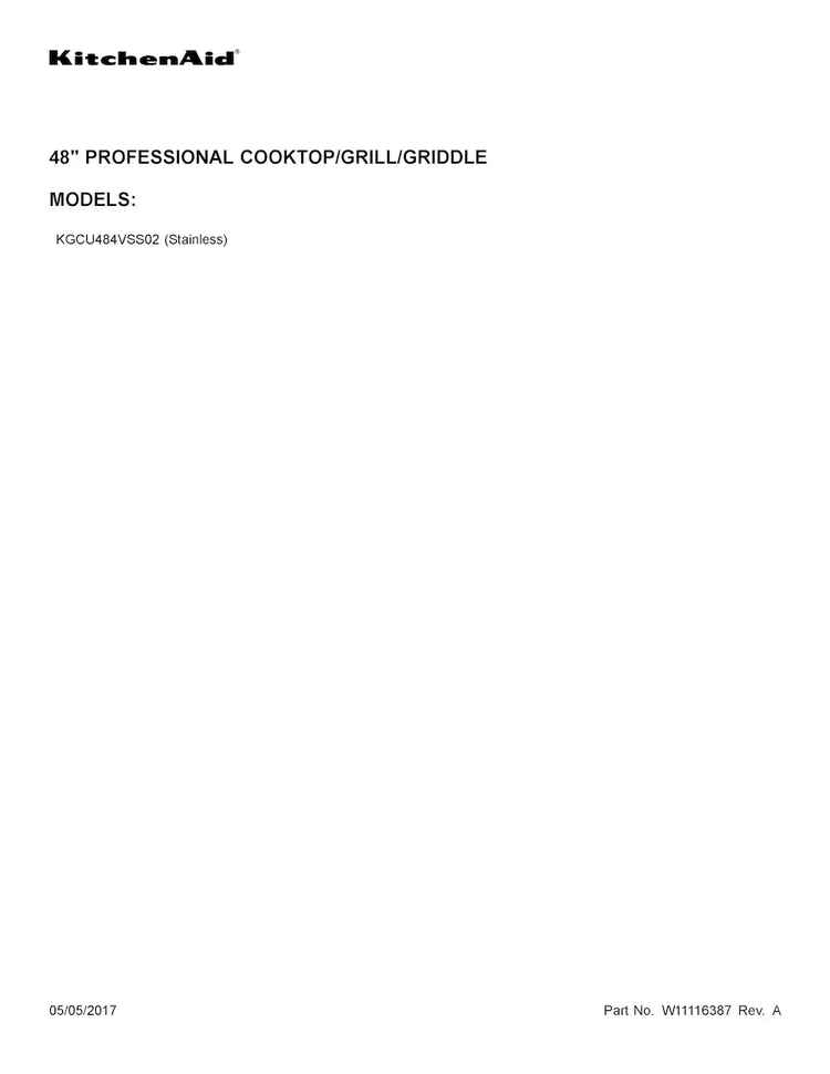 Cover Sheet Diagram and Parts List for KGCU484VSS02  KitchenAid Cooktop