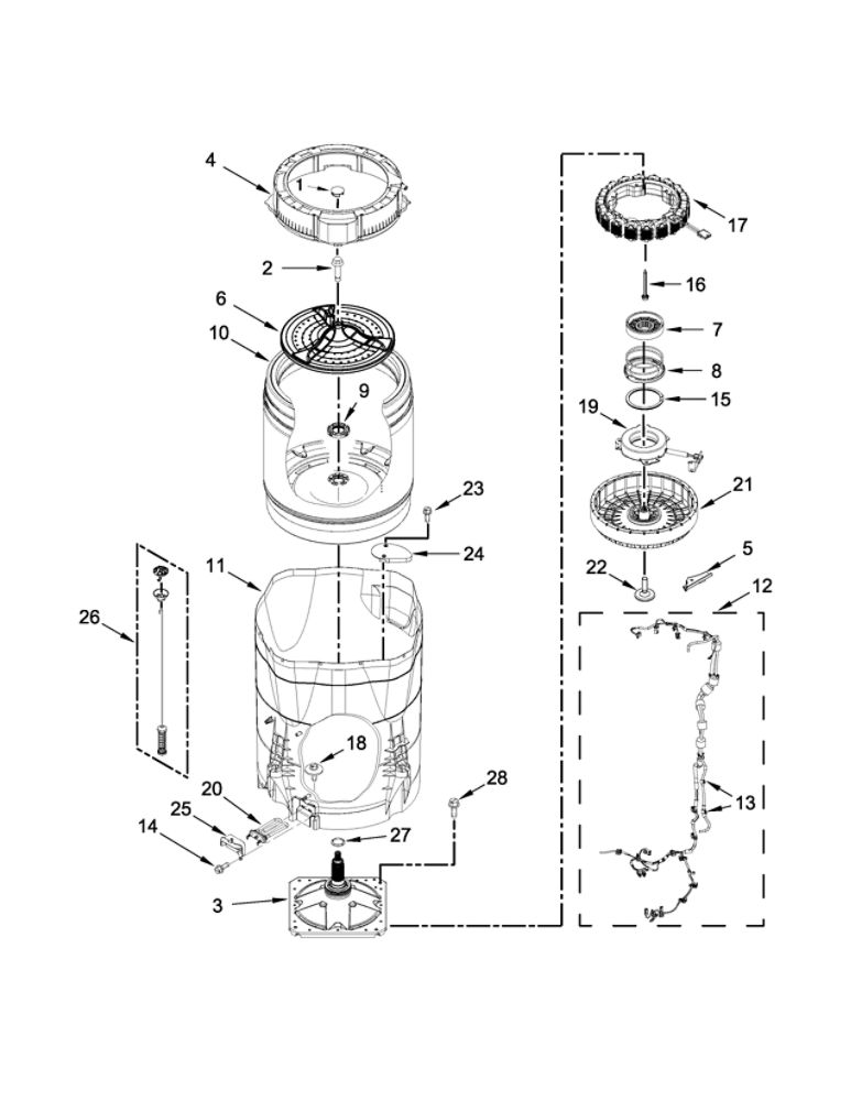 Motor, Basket And Tub Parts Diagram and Parts List for 11031632610  Kenmore Washer