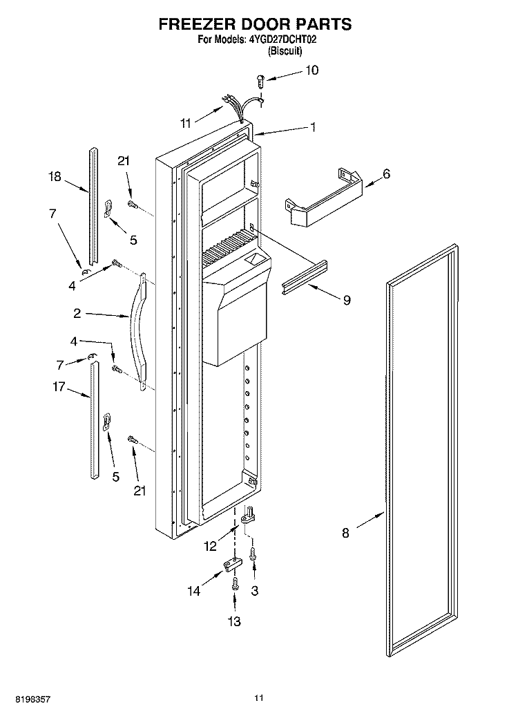 FREEZER DOOR Diagram and Parts List for 4YGD27DCHT02  Whirlpool Refrigerator