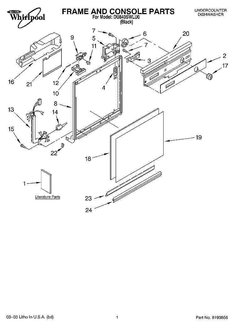 FRAME AND CONSOLE PARTS Diagram and Parts List for DU840SWLU0  Whirlpool Dishwasher