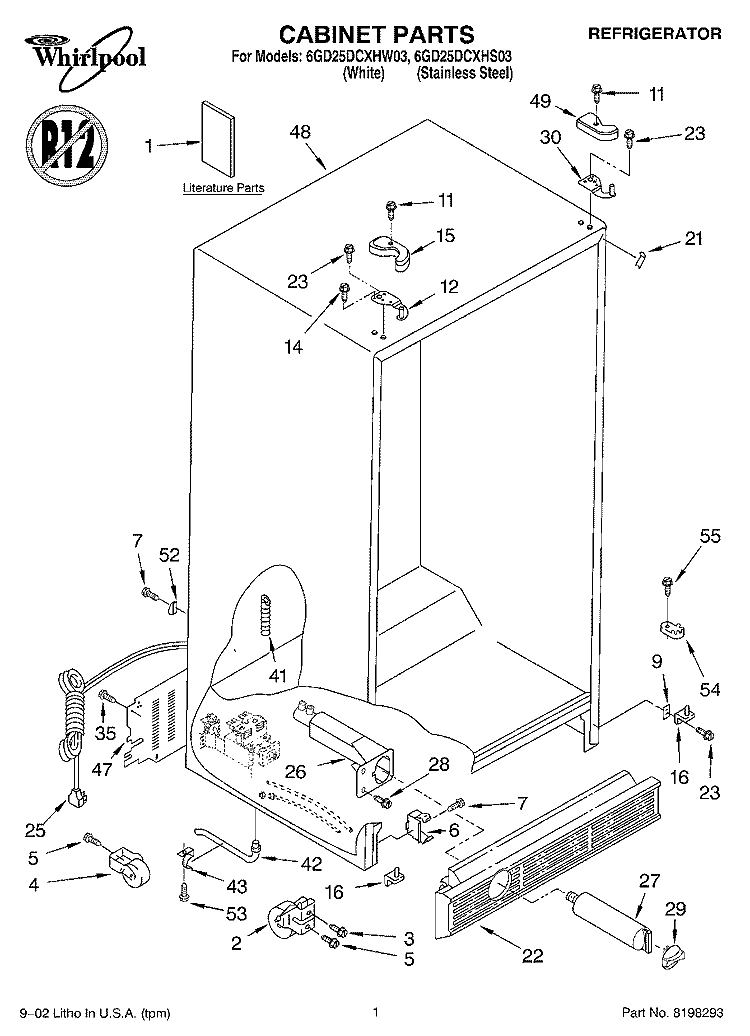 CABINET, LITERATURE Diagram and Parts List for 6GD25DCXHS03  Whirlpool Refrigerator