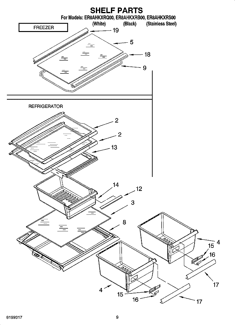 SHELF PARTS, OPTIONAL PARTS Diagram and Parts List for ER8AHKXRS00  Whirlpool Refrigerator