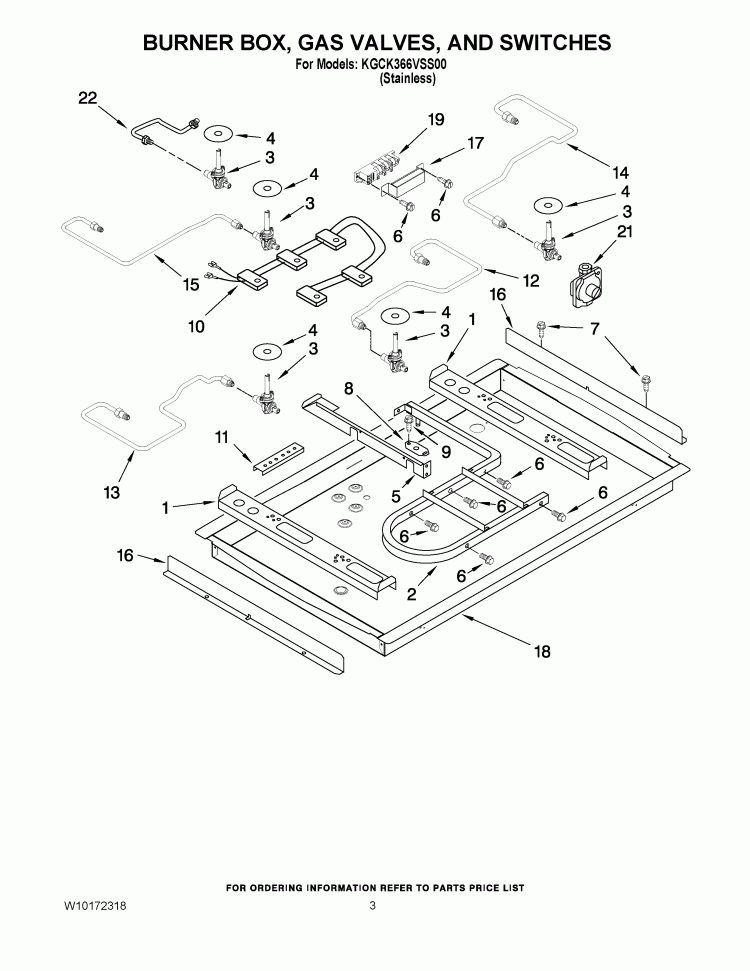 BURNER BOX, GAS VALVES AND SWITCHES Diagram and Parts List for KGCK366VSS00  KitchenAid Cooktop