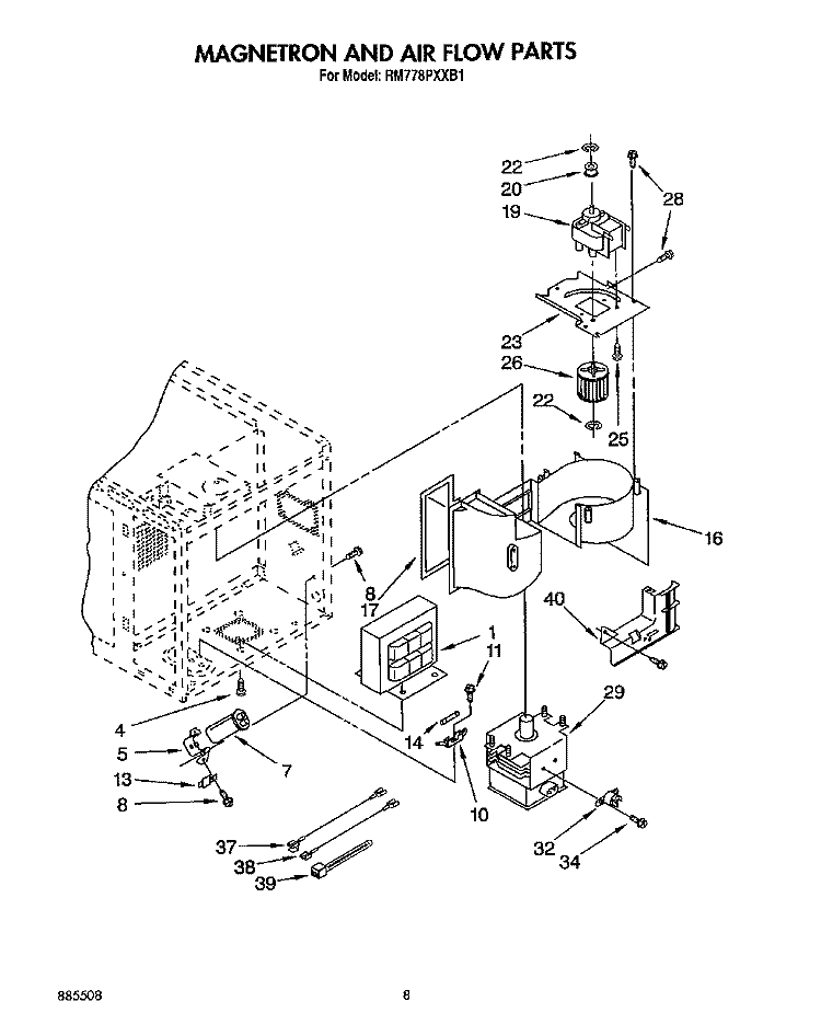 MAGNETRON AND AIRFLOW, OPTIONAL Diagram and Parts List for RM778PXXB1  Whirlpool Microwave Oven Combo
