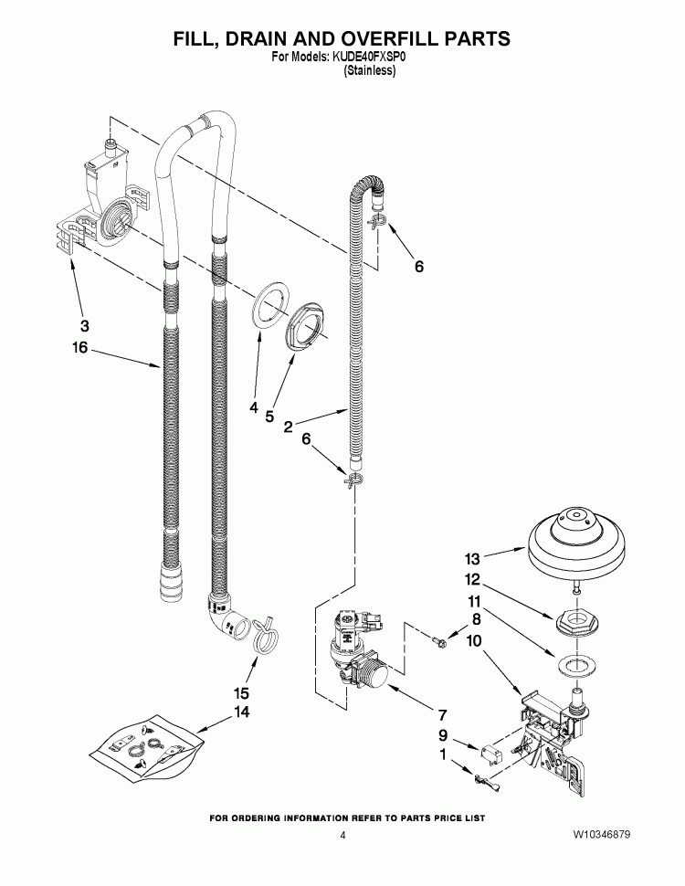 FILL, DRAIN AND OVERFILL PARTS Diagram and Parts List for KUDE40FXSP0  KitchenAid Dishwasher