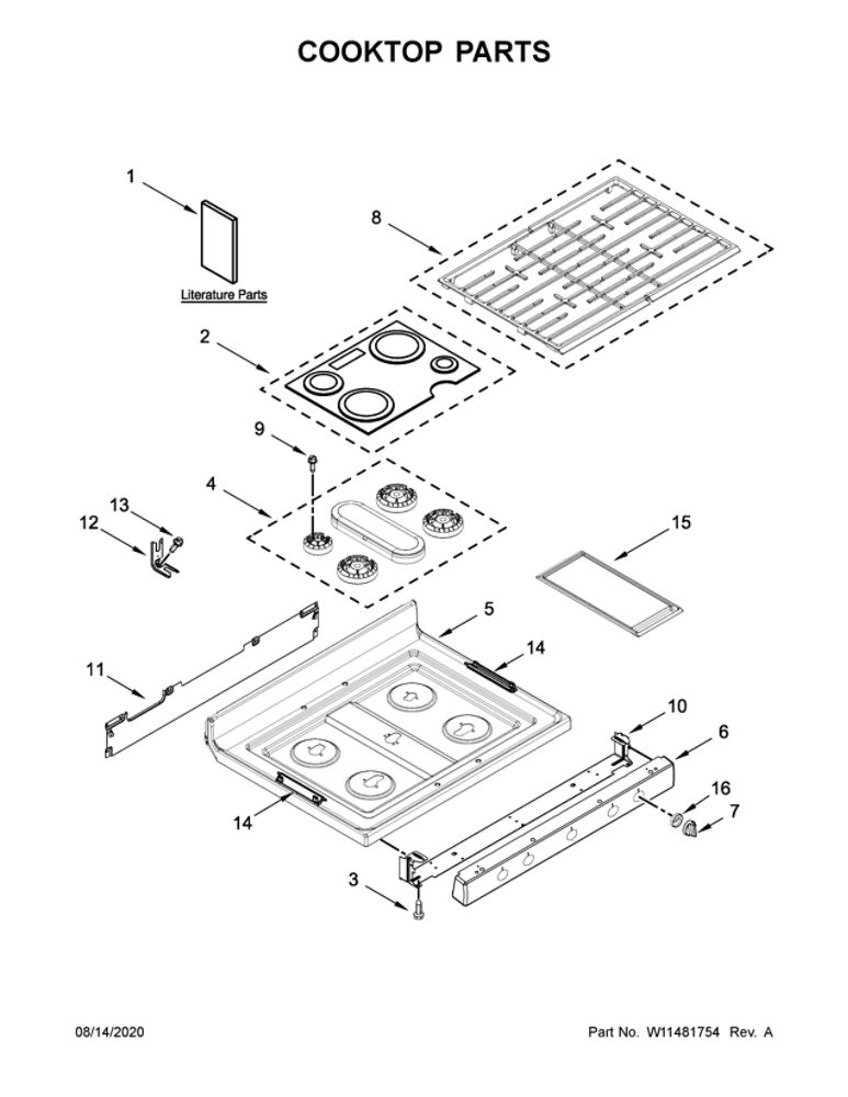Cooktop Parts Diagram and Parts List for WFG775H0HW1  Whirlpool Range