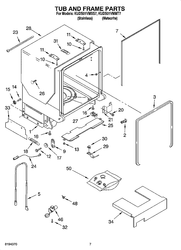 TUB AND FRAME PARTS Diagram and Parts List for KUDS01VMMT7  KitchenAid Dishwasher