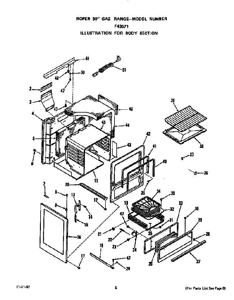 Body Diagram and Parts List for F4357W1  Roper Range