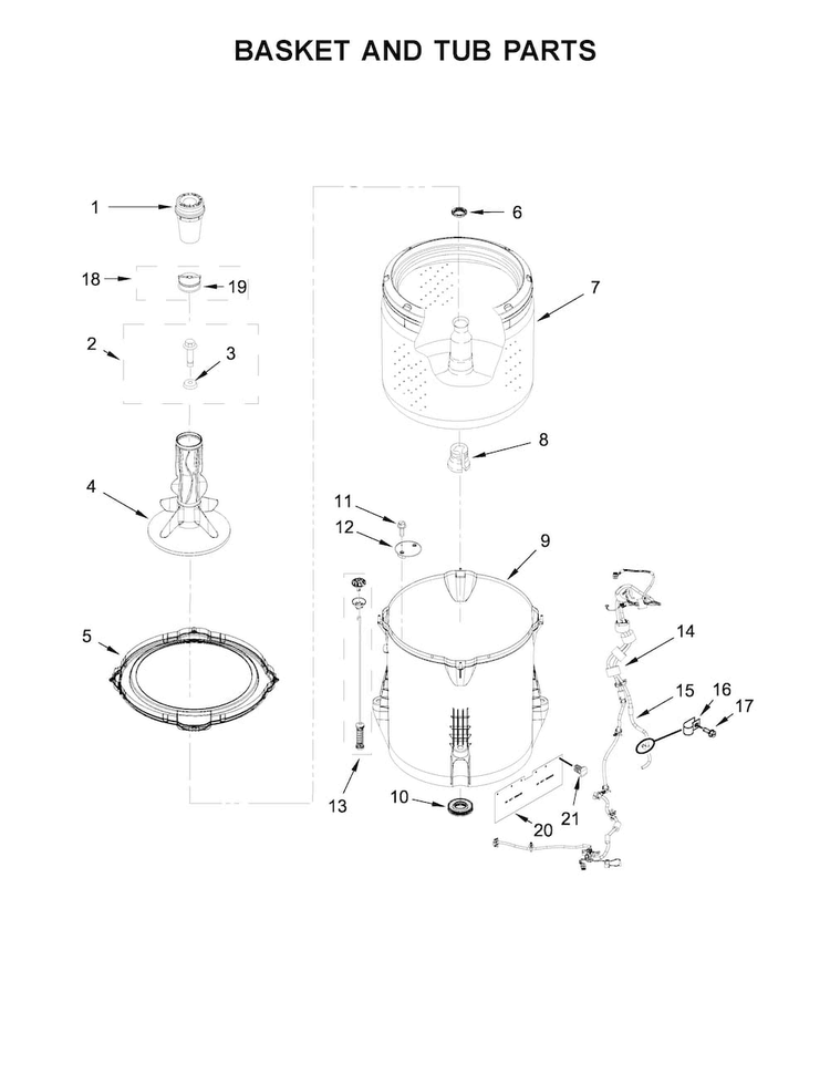 Basket And Tub Parts Diagram and Parts List for 4GWTW3000FW0  Whirlpool Washer