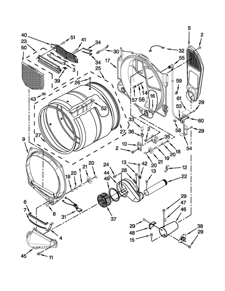 Bulkhead Parts Diagram and Parts List for WGD9371YW2  Whirlpool Dryer