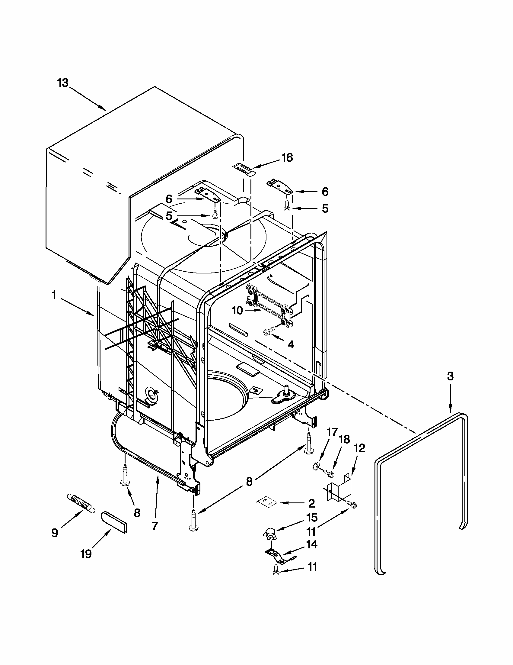 Tub And Frame Parts Diagram and Parts List for 66513272K113  Kenmore Dishwasher