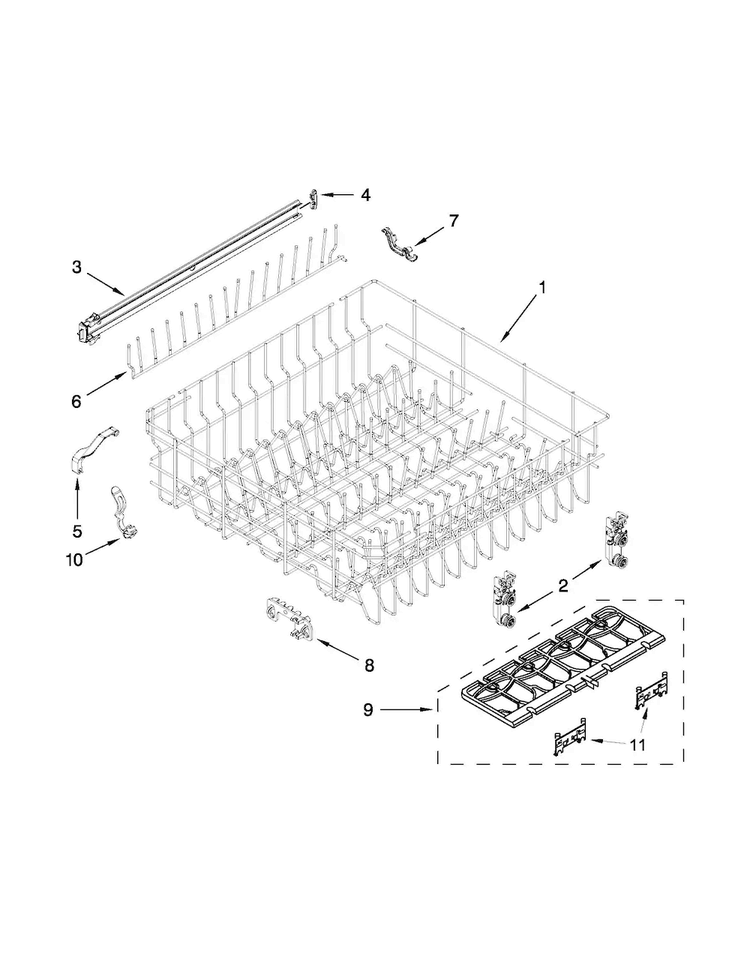 Upper Rack And Track Parts Diagram and Parts List for WDT710PAYW5  Whirlpool Dishwasher