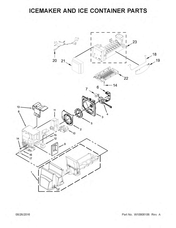 Icemaker And Ice Container Parts Diagram and Parts List for WRF555SDFZ01  Whirlpool Refrigerator