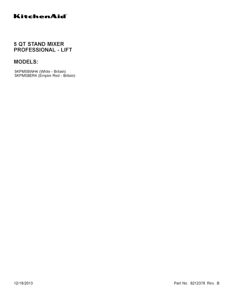 Cover Sheet Diagram and Parts List for 5KPM5BER4  KitchenAid Mixer