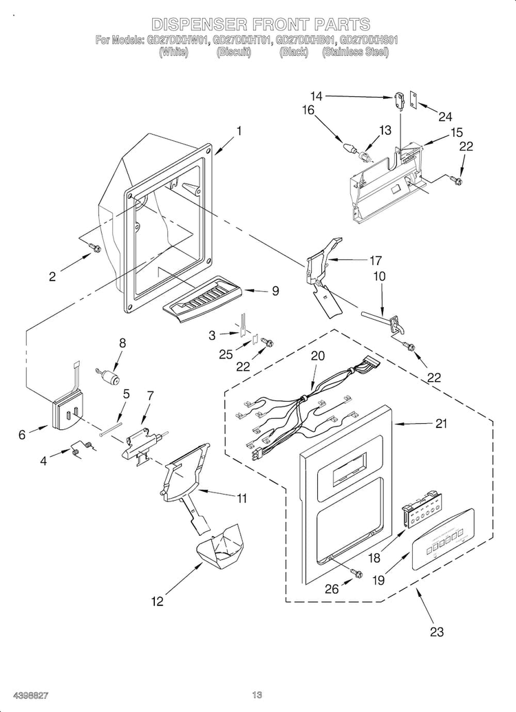 Dispenser Front Diagram and Parts List for OEM2-GD27DIXHW01  Whirlpool Refrigerator