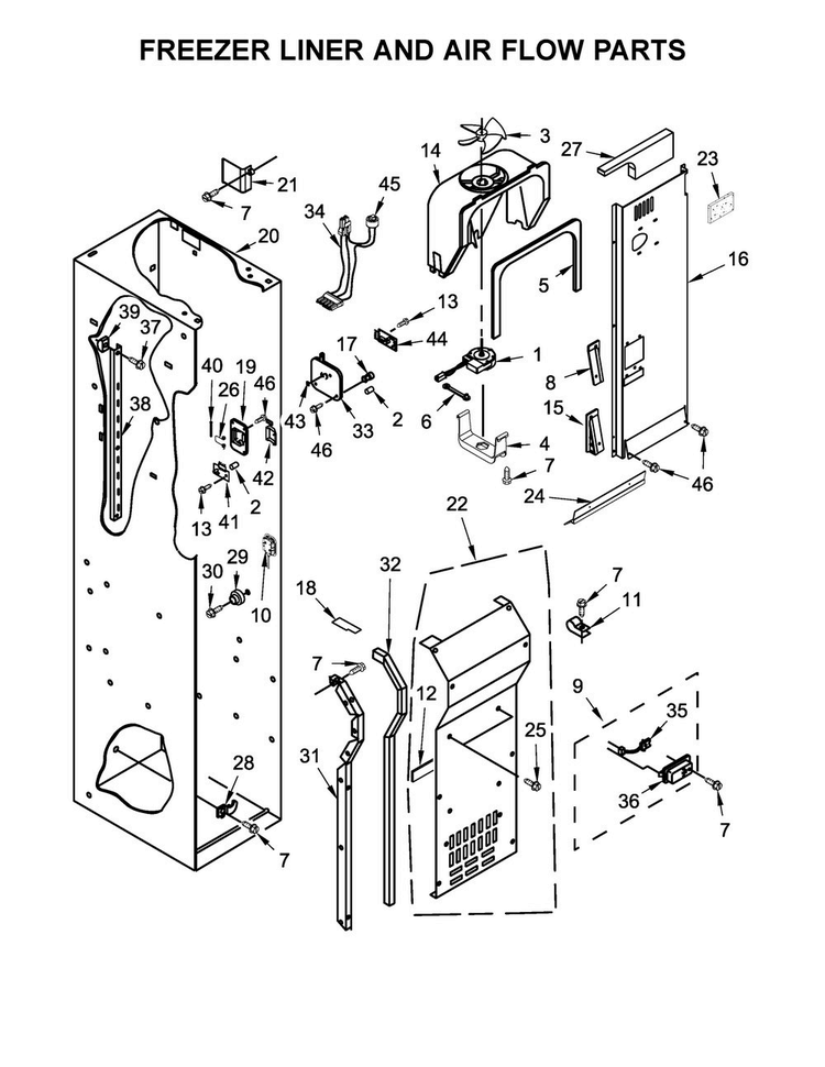 Freezer Liner And Air Flow Parts Diagram and Parts List for KBSD608ESS01  KitchenAid Refrigerator