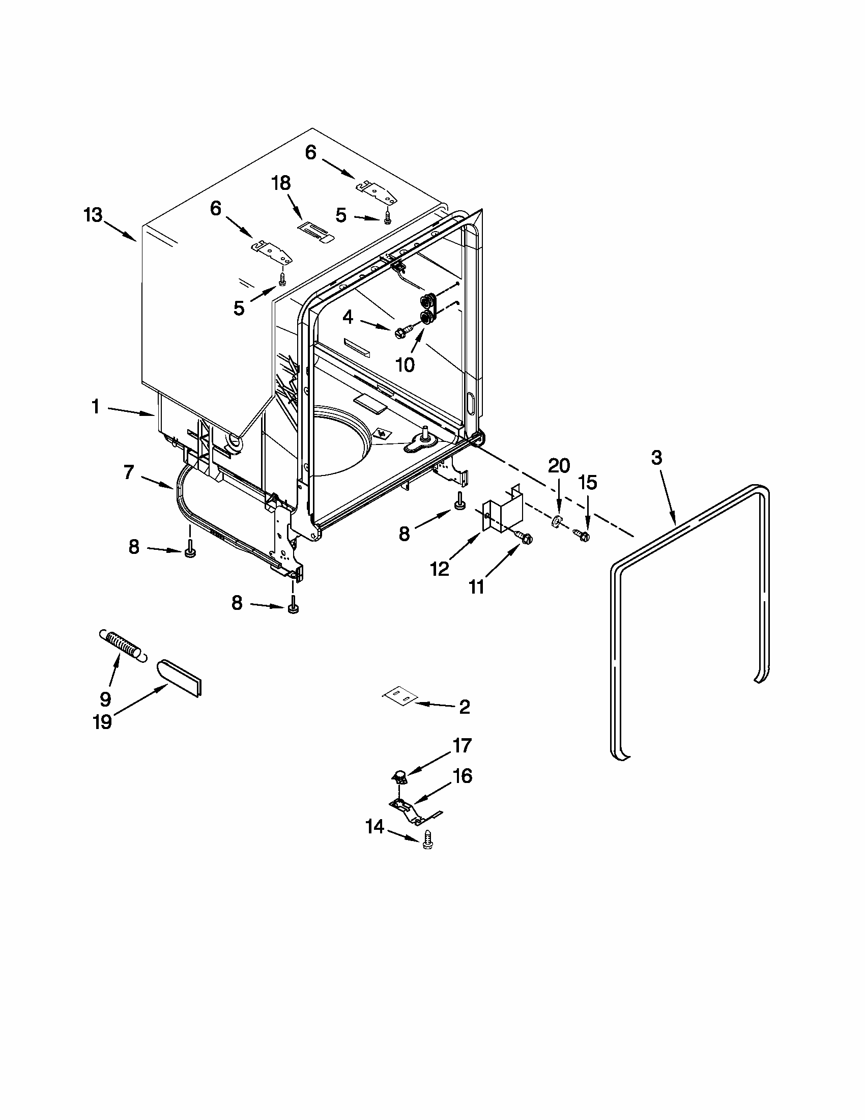 Tub And Frame Parts Diagram and Parts List for 66513073K210  Kenmore Dishwasher