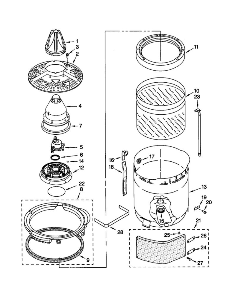 Washplate, Basket And Tub Diagram and Parts List for 11021066000  Kenmore Washer