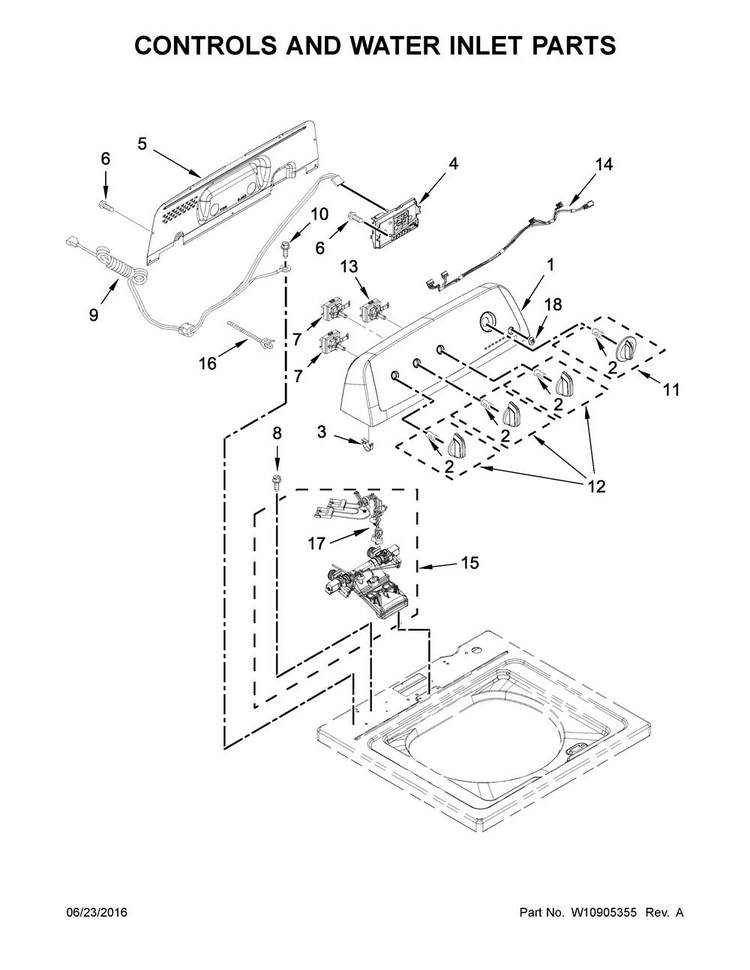 Controls And Water Inlet Parts Diagram and Parts List for 2DWTW4705EW1  Whirlpool Washer