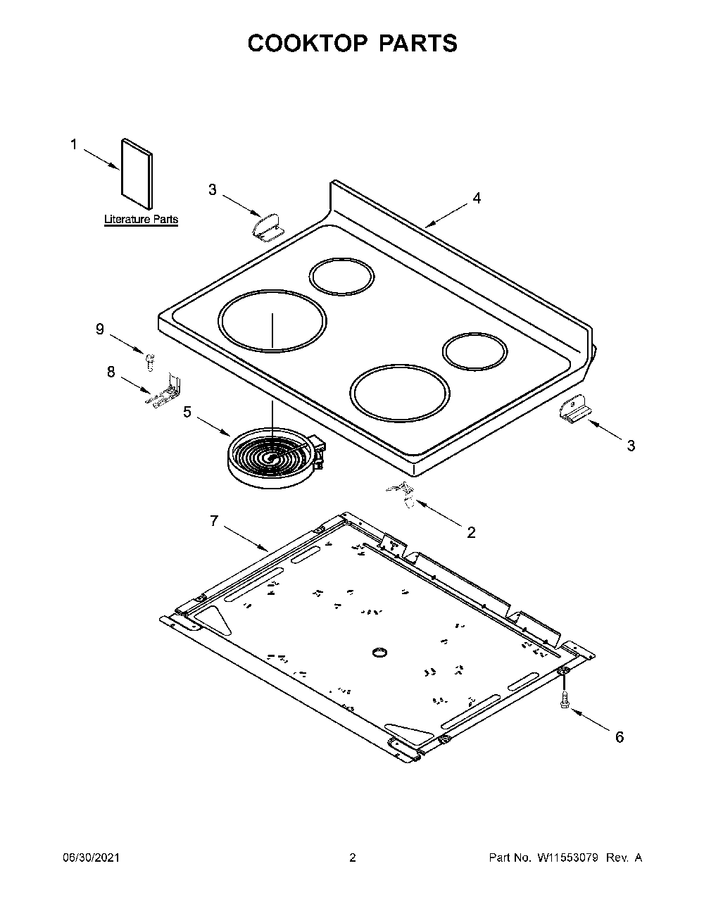 02 - Cooktop Parts Diagram and Parts List for YWFE515S0JW1  Whirlpool Wall Oven