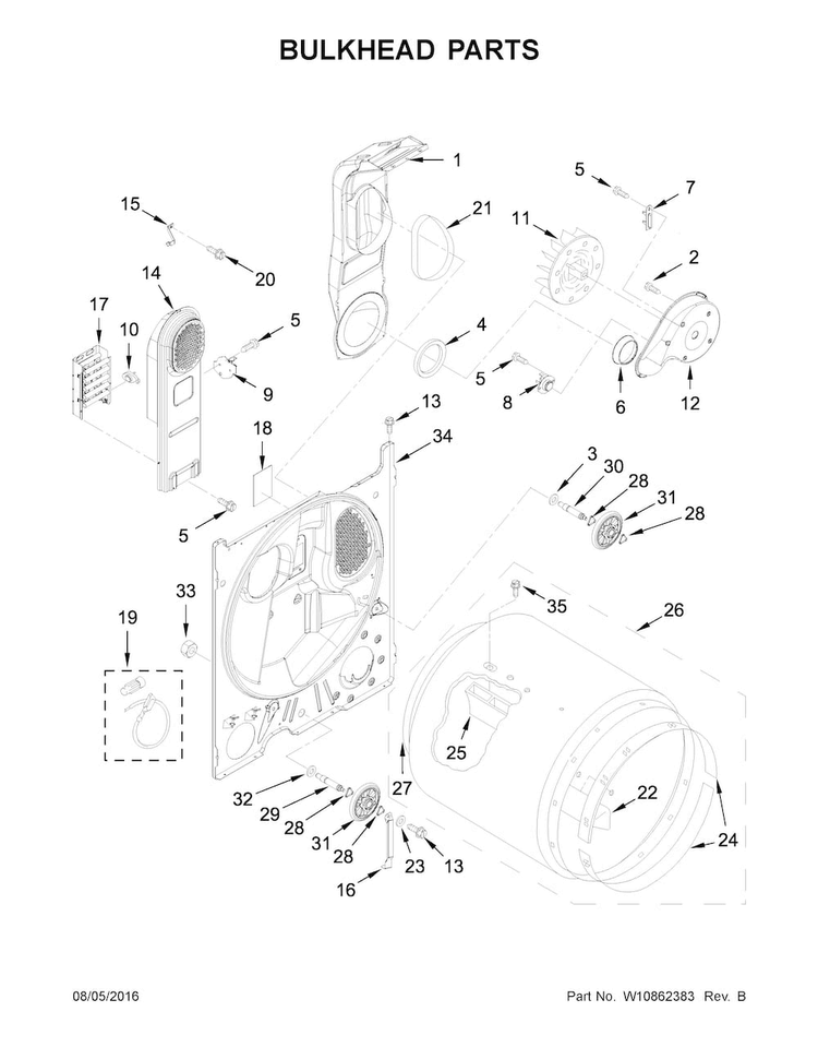 Bulkhead Parts Diagram and Parts List for 1MWED1750EM0  Whirlpool Dryer