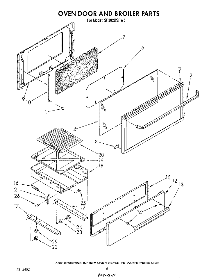 OVEN DOOR AND BROILER Diagram and Parts List for SF302BSRW5  Whirlpool Range