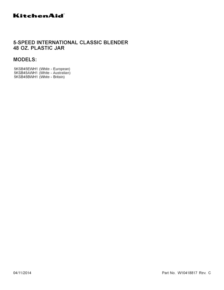 Cover Sheet Diagram and Parts List for 5KSB45BWH1  KitchenAid Blender