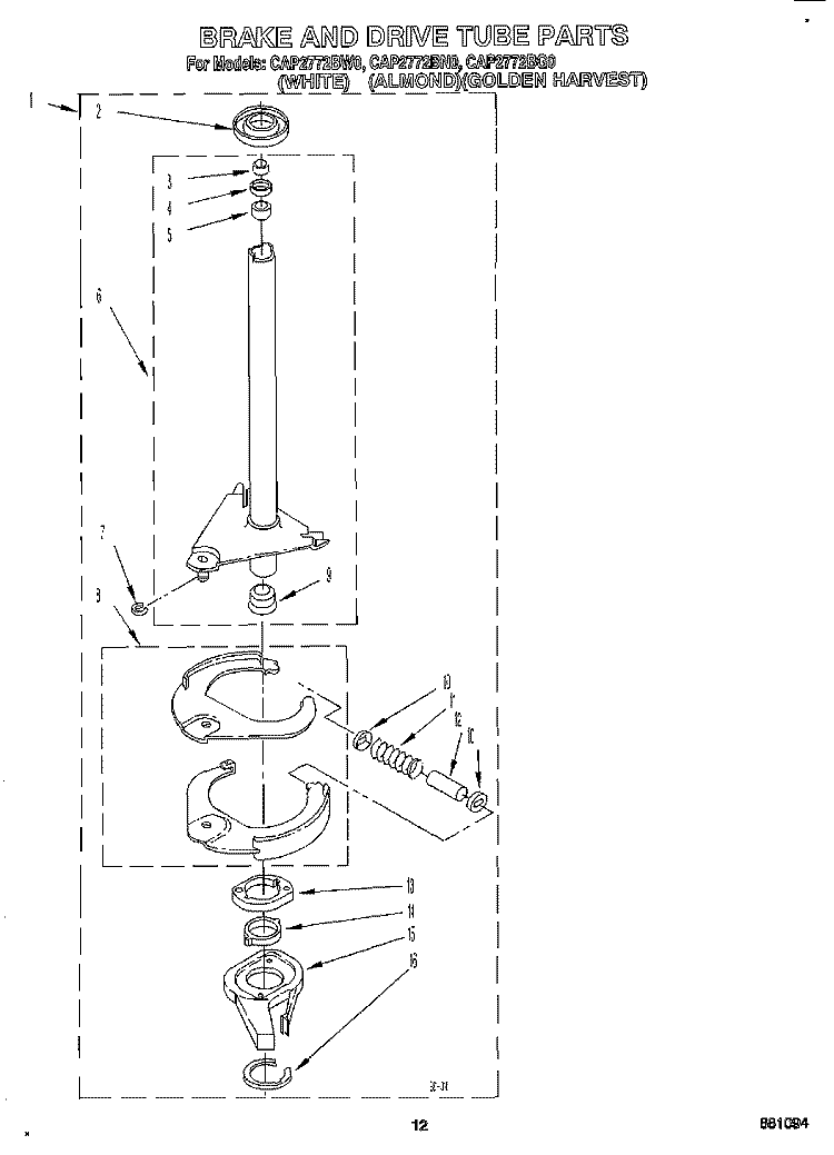BRAKE AND DRIVE TUBE Diagram and Parts List for CAP2772BN0  Whirlpool Washer