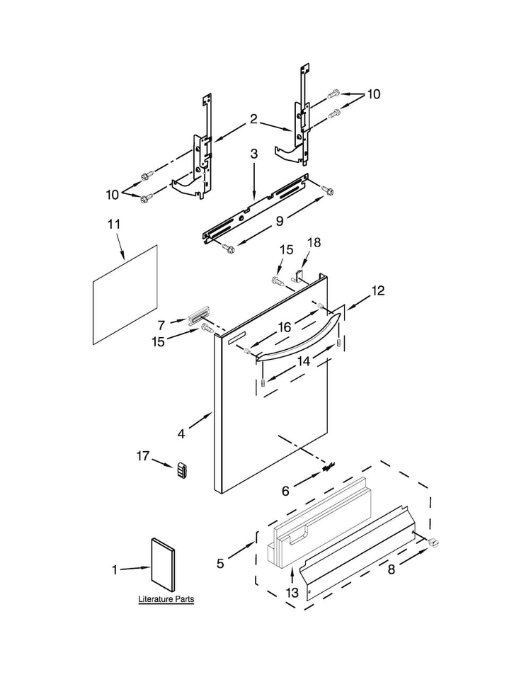Door And Panel Parts Diagram and Parts List for WDT720PADB2  Whirlpool Dishwasher