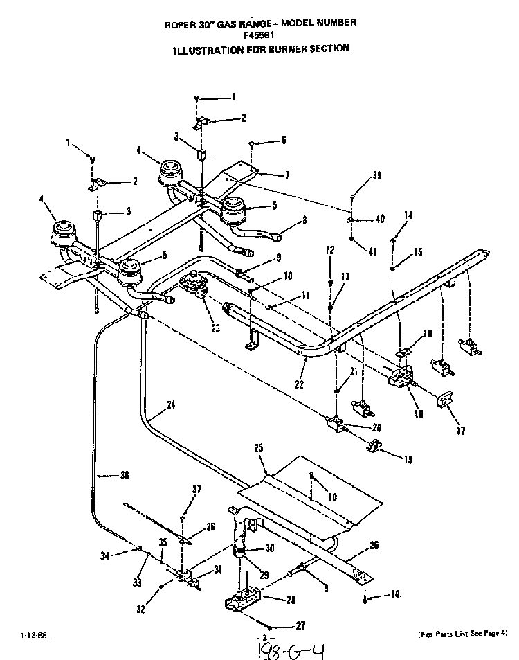 Burner Diagram and Parts List for F4458W1  Roper Range