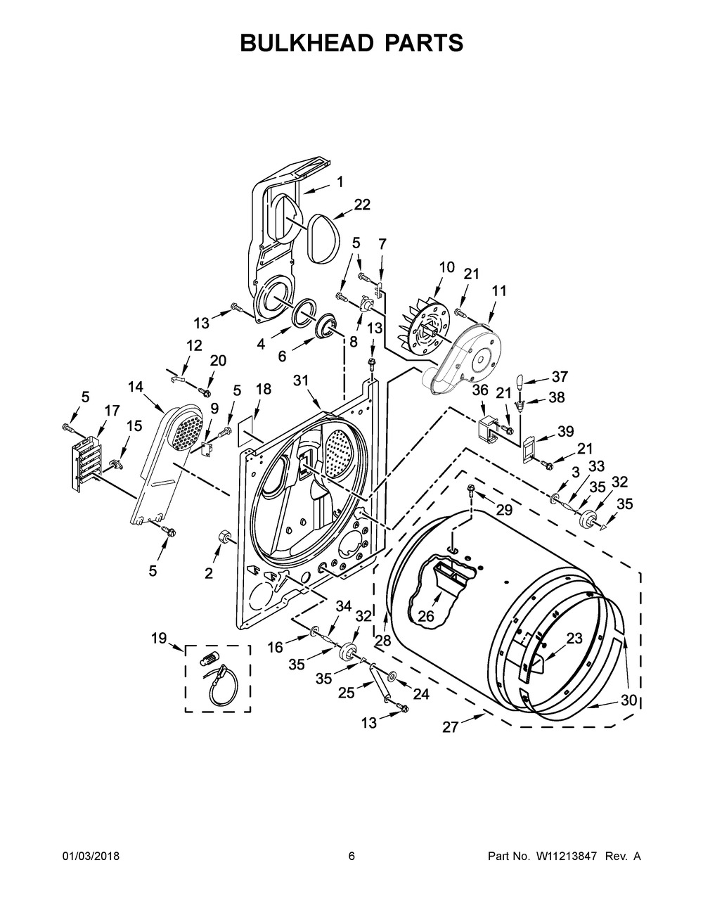 Bulkhead Parts Diagram and Parts List for WED4850HW0  Whirlpool Dryer