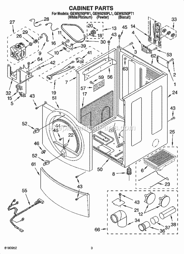 Cabinet Parts Diagram and Parts List for GEW9250PW1  Whirlpool Dryer