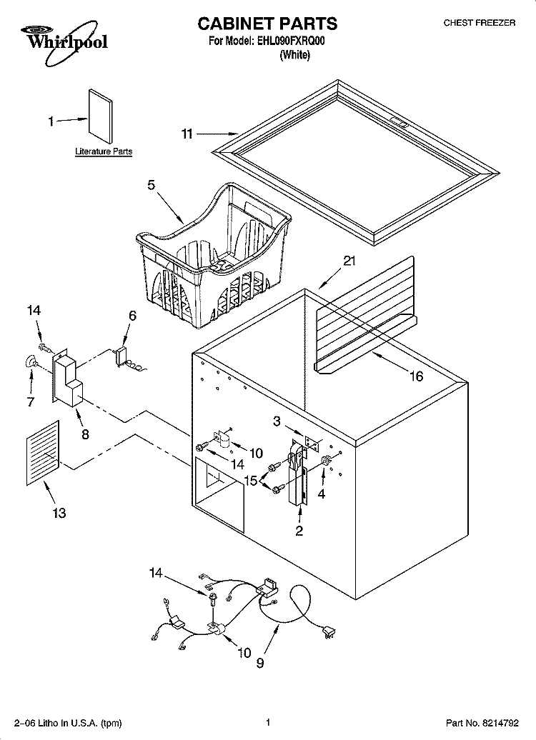 CABINET PARTS Diagram and Parts List for EHL090FXRQ00  Whirlpool Freezer