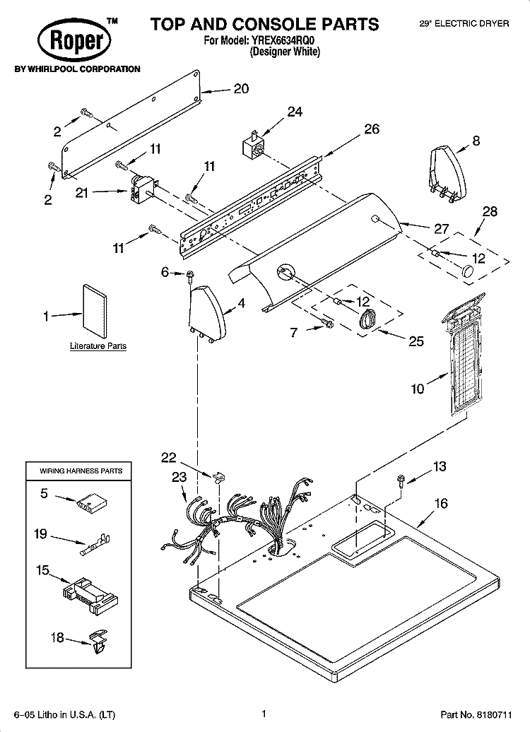 TOP AND CONSOLE PARTS Diagram and Parts List for YREX6634RQ0  Roper Dryer
