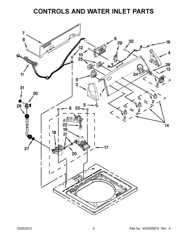 CONTROLS AND WATER INLET PARTS Diagram and Parts List for 3LWTW4840YW1  Whirlpool Washer
