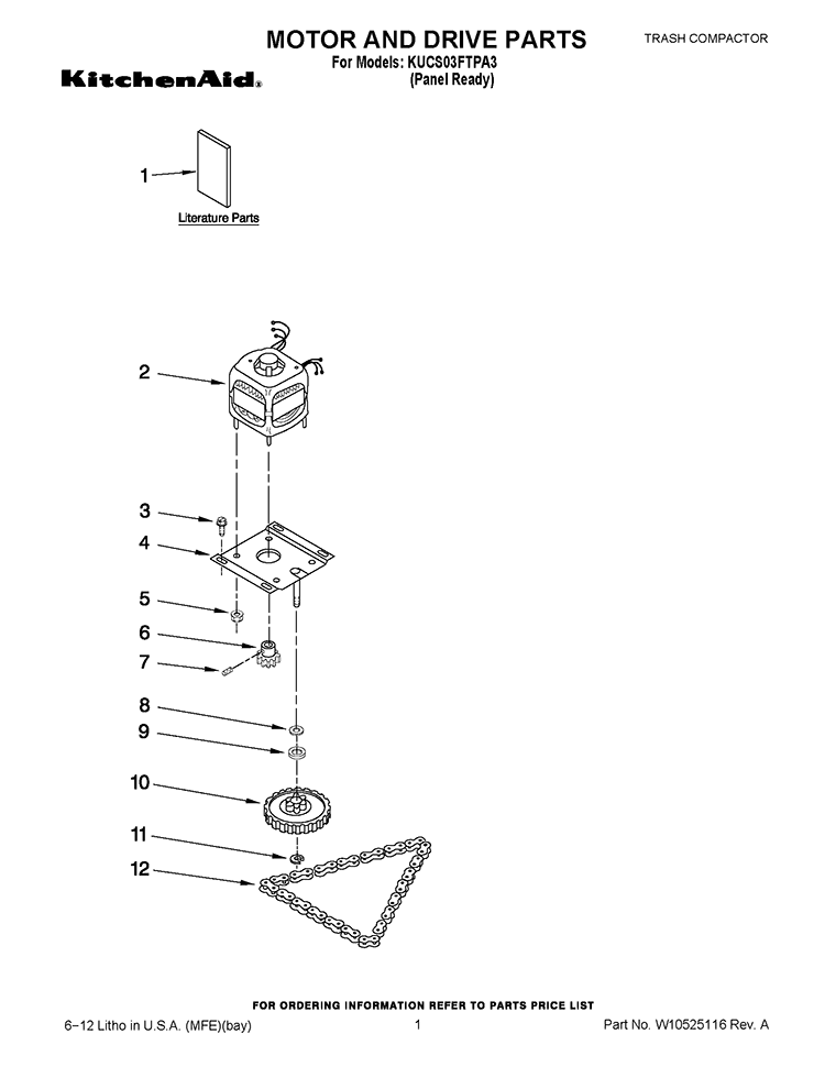MOTOR AND DRIVE PARTS Diagram and Parts List for KUCS03FTPA3  KitchenAid Trash Compactor
