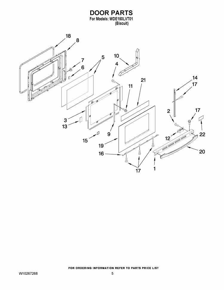 DOOR PARTS Diagram and Parts List for WDE150LVT01  Whirlpool Range
