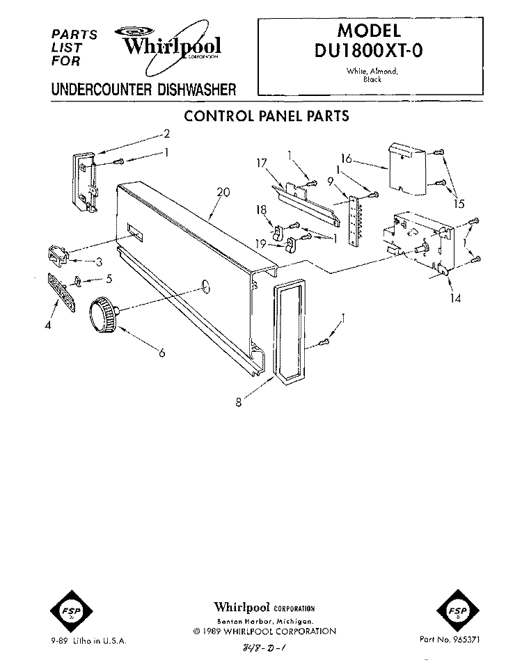 CONTROL PANEL Diagram and Parts List for DU1800XT0  Whirlpool Dishwasher