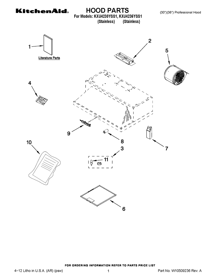 HOOD PARTS Diagram and Parts List for KXU4230YSS1  KitchenAid Range Hood