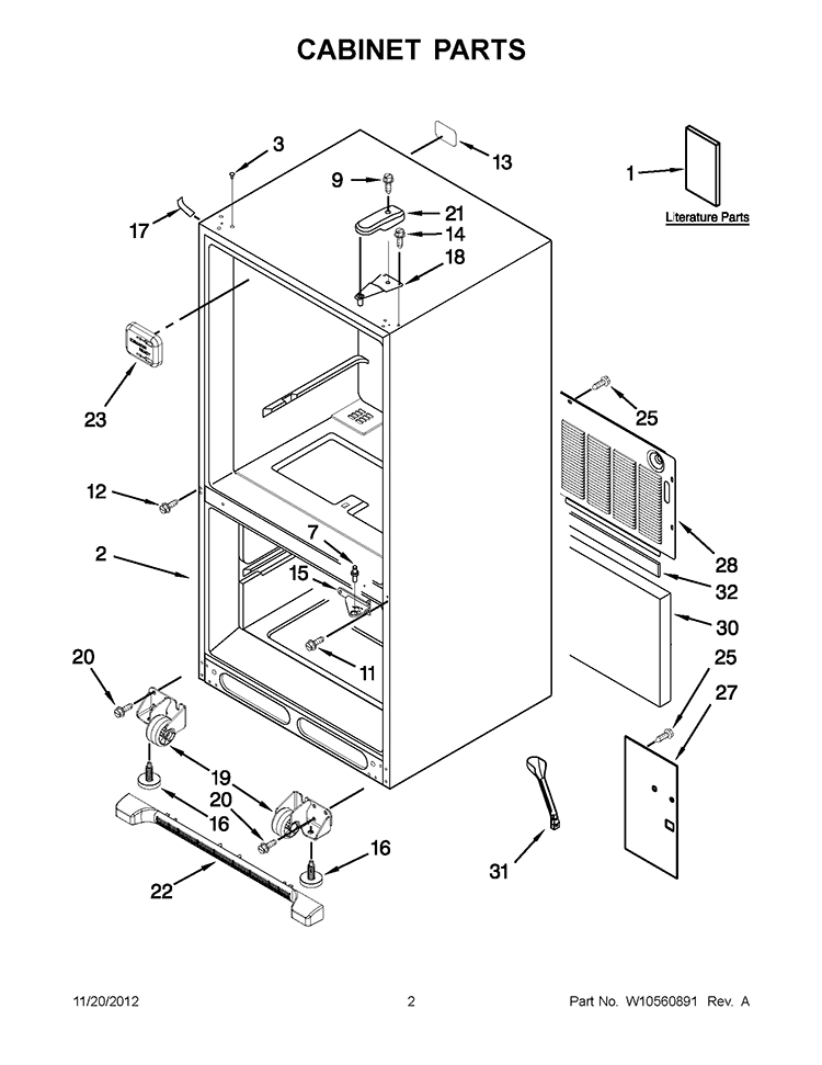 CABINET PARTS Diagram and Parts List for KBRS19KTBL7  KitchenAid Refrigerator