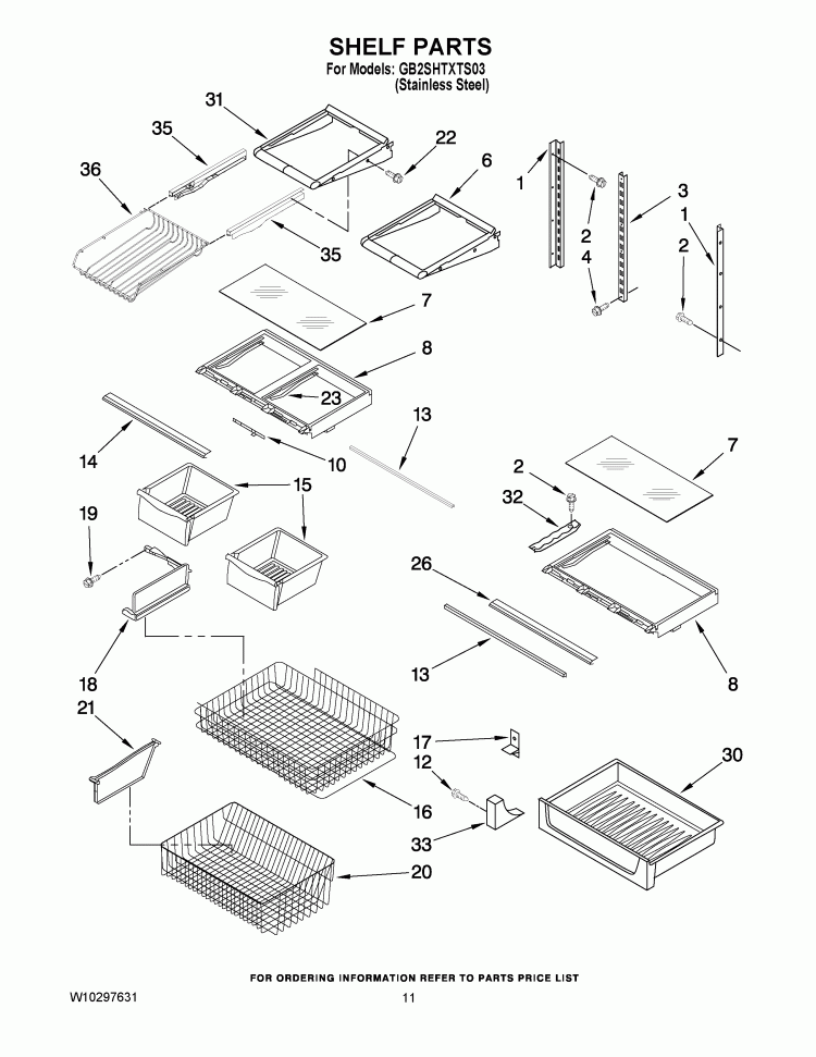 SHELF PARTS Diagram and Parts List for GB2SHTXTS03  Whirlpool Refrigerator