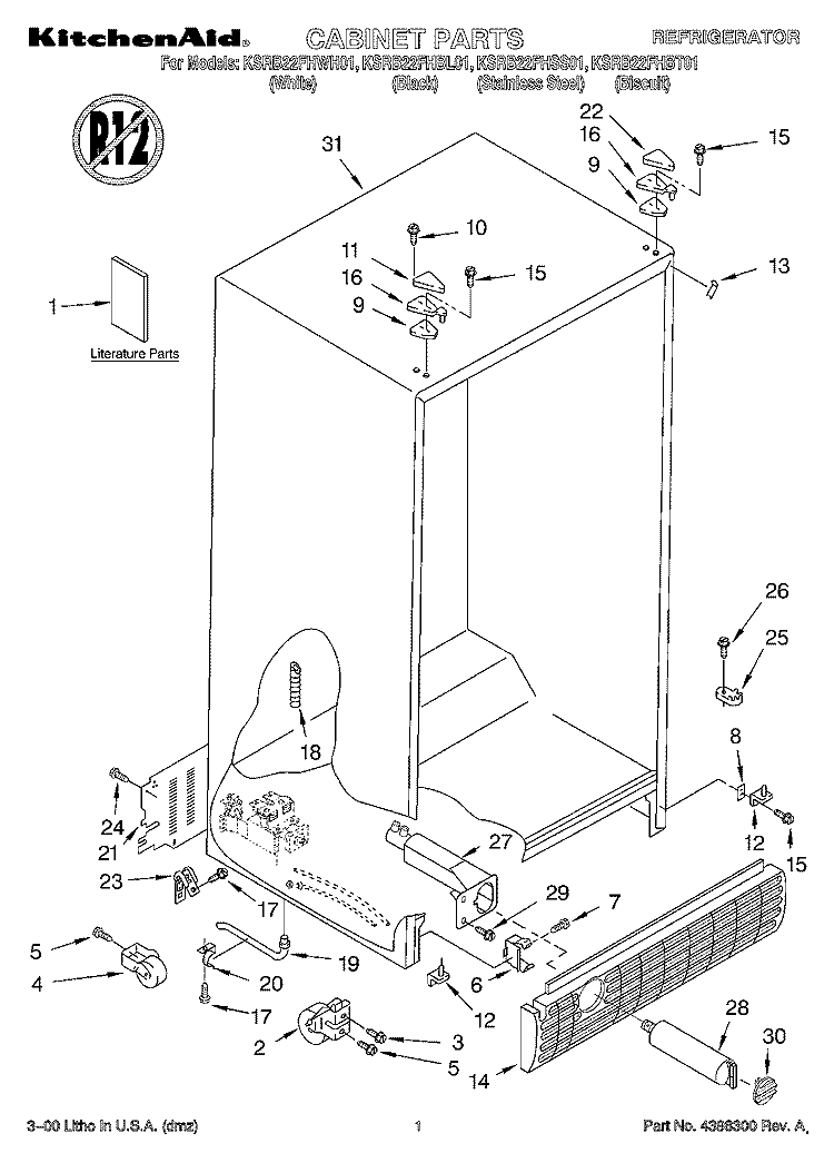 CABINET, LITERATURE Diagram and Parts List for KSRB22FHBL01  KitchenAid Refrigerator