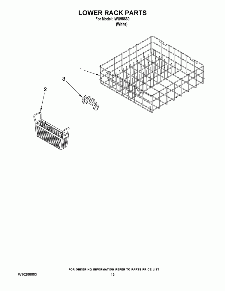 LOWER RACK PARTS Diagram and Parts List for IWU98660  Inglis Dishwasher